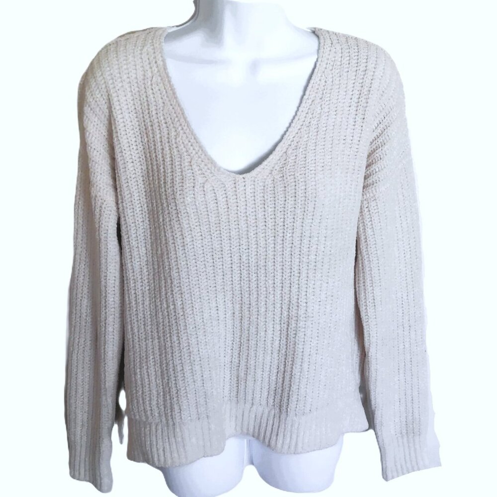Lucky Brand Chenille Sweater V Neck Cream Winter White Soft Stretch EUC Sz S